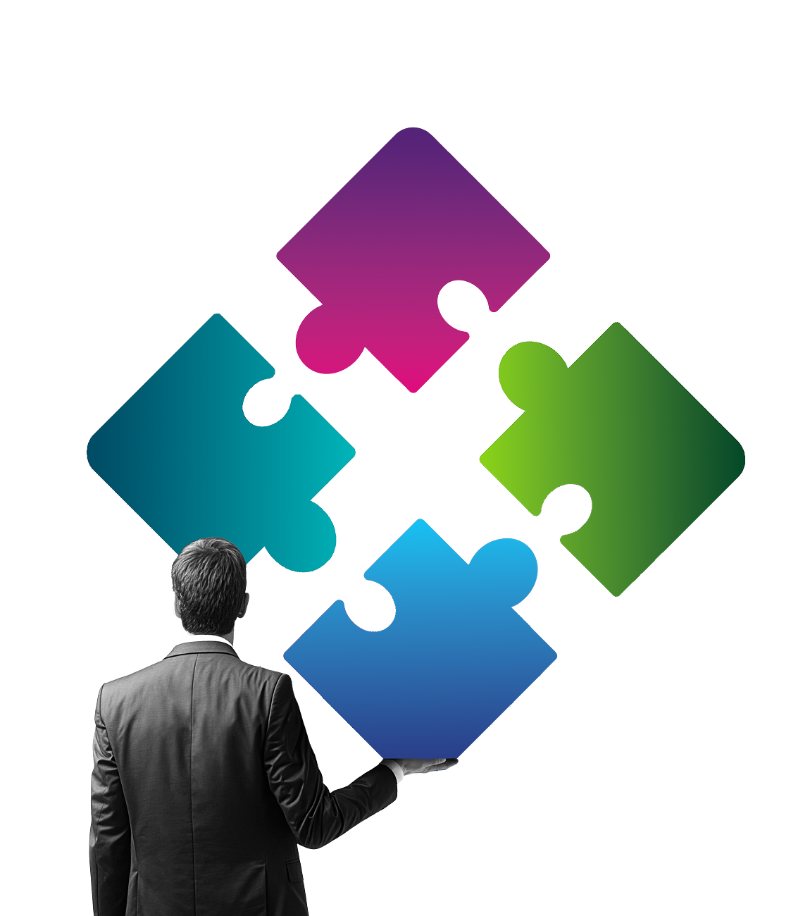 Man in pak houdt een blauw puzzelstuk vast tussen drie andere kleurrijke puzzelstukken